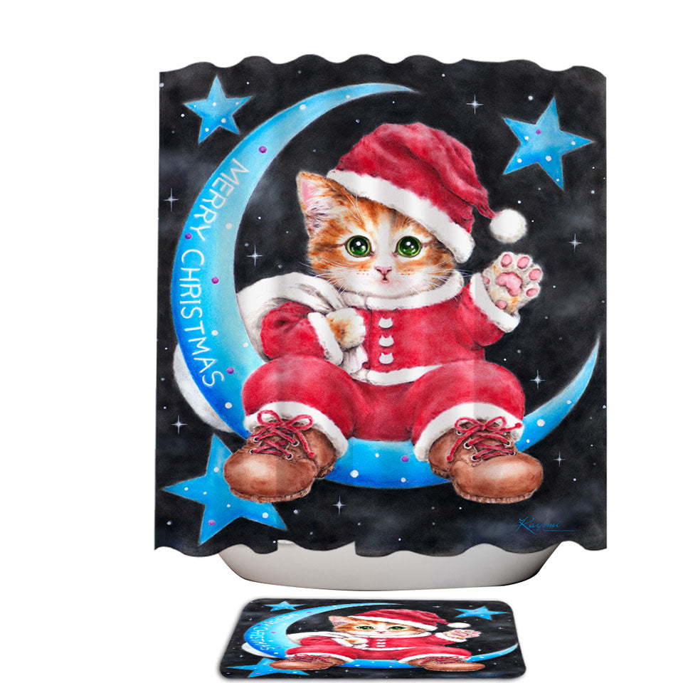 Merry Christmas Shower Curtains Kitty Cat Santa on the Moon