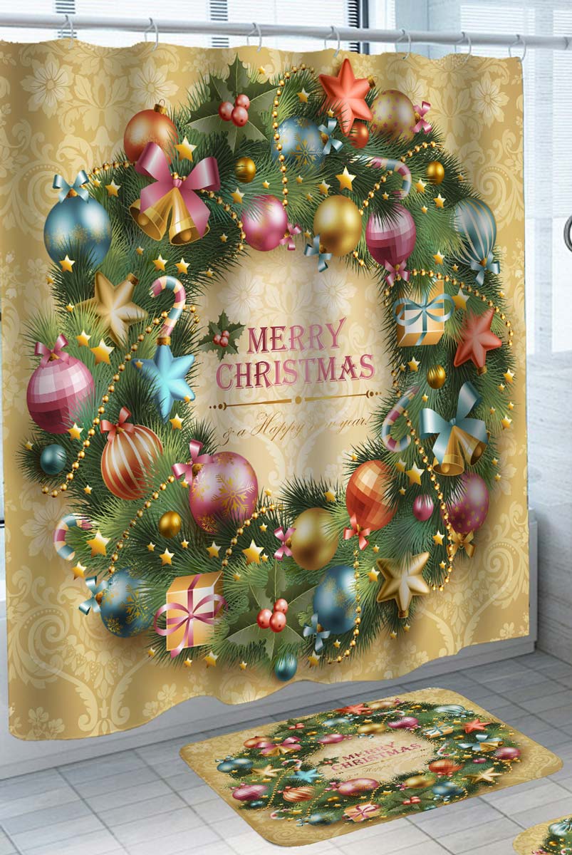 Merry Christmas Shower Curtains with Ornaments Green Wreath