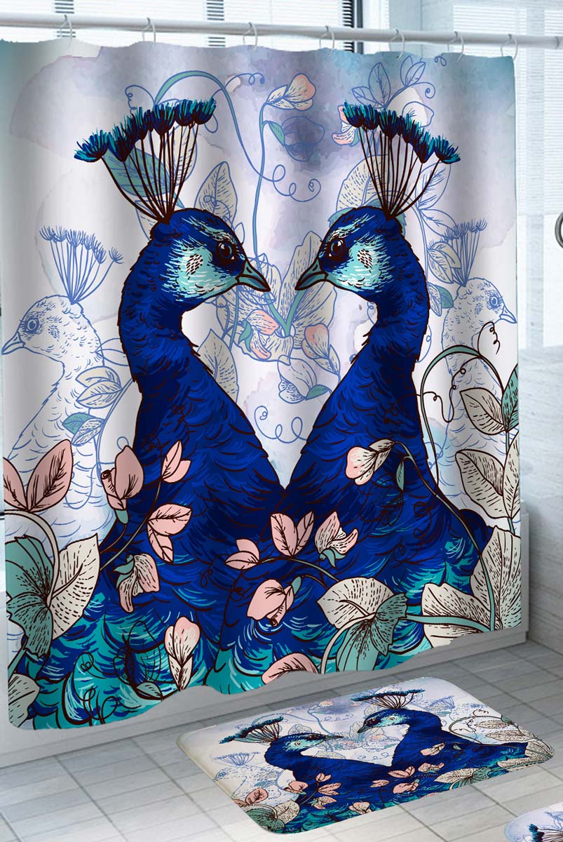 Mirror Effect Blue Turquoise Peacocks Shower Curtain