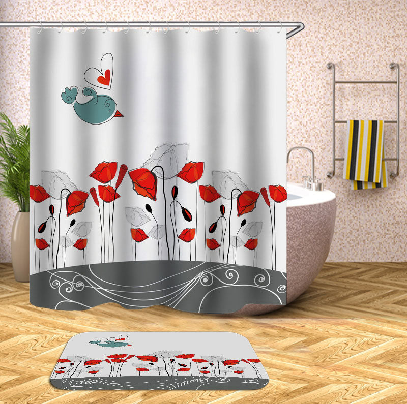 Modern Decorative Shower Curtains Cute Drawing Red Poppy Flowers and Bird