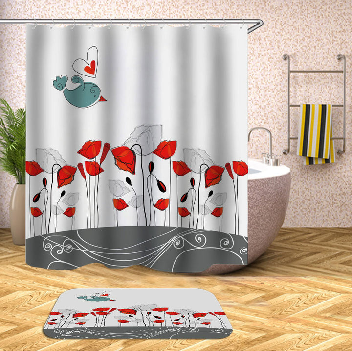 Modern Decorative Shower Curtains Cute Drawing Red Poppy Flowers and Bird