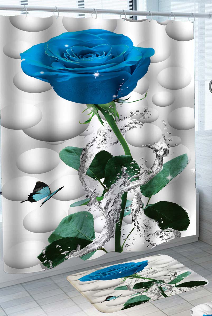 Modern Fabric Shower Curtains with Butterfly and Blue Rose