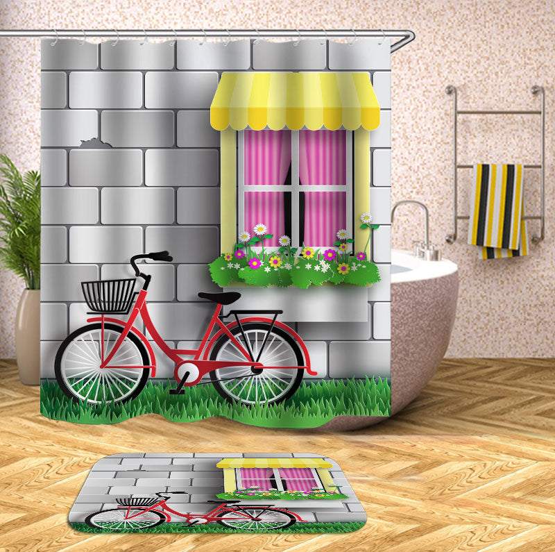 Modern Shower Curtains Red Bicycle under the Window