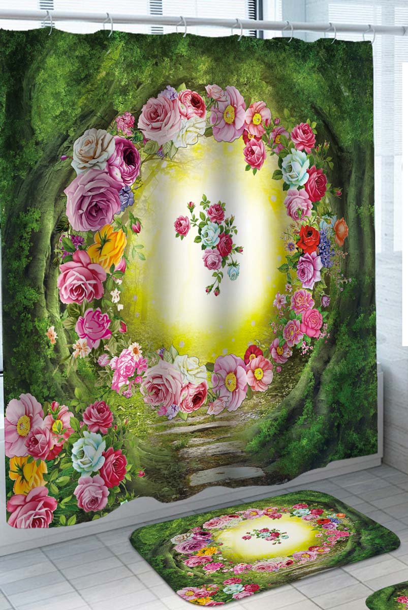 Modern Shower Curtains of Secret Forest Path Behind a Circle of Pink Roses