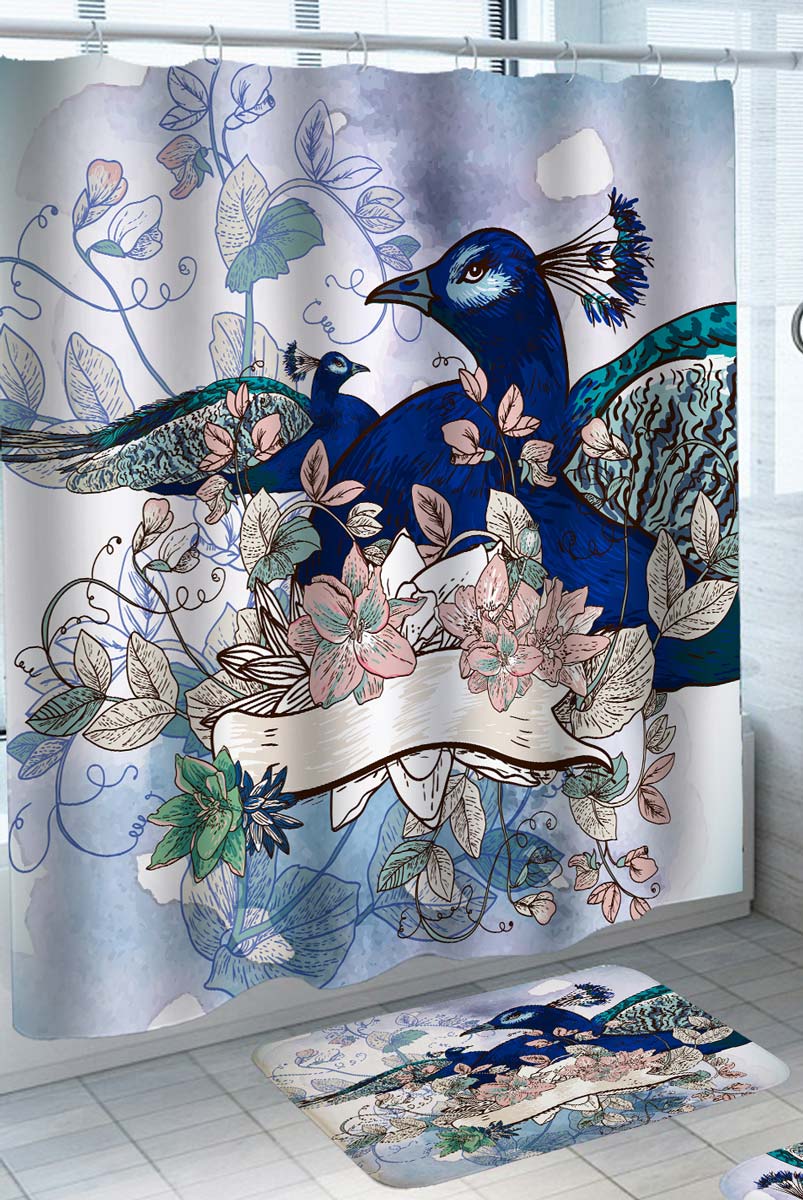 Modern Shower Curtains with Blue Turquoise Peacocks and Pinkish Flowers