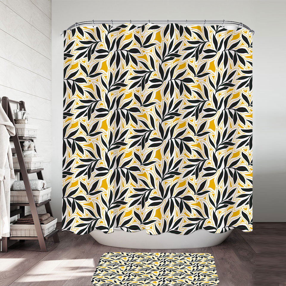 Modern Shower Curtains with Dark Green Leaves over Yellow