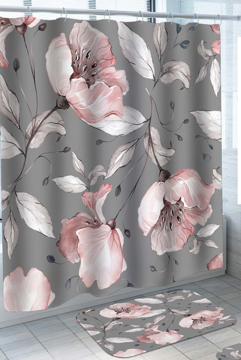 Modern Shower Curtains with Pinkish Flowers over Grey
