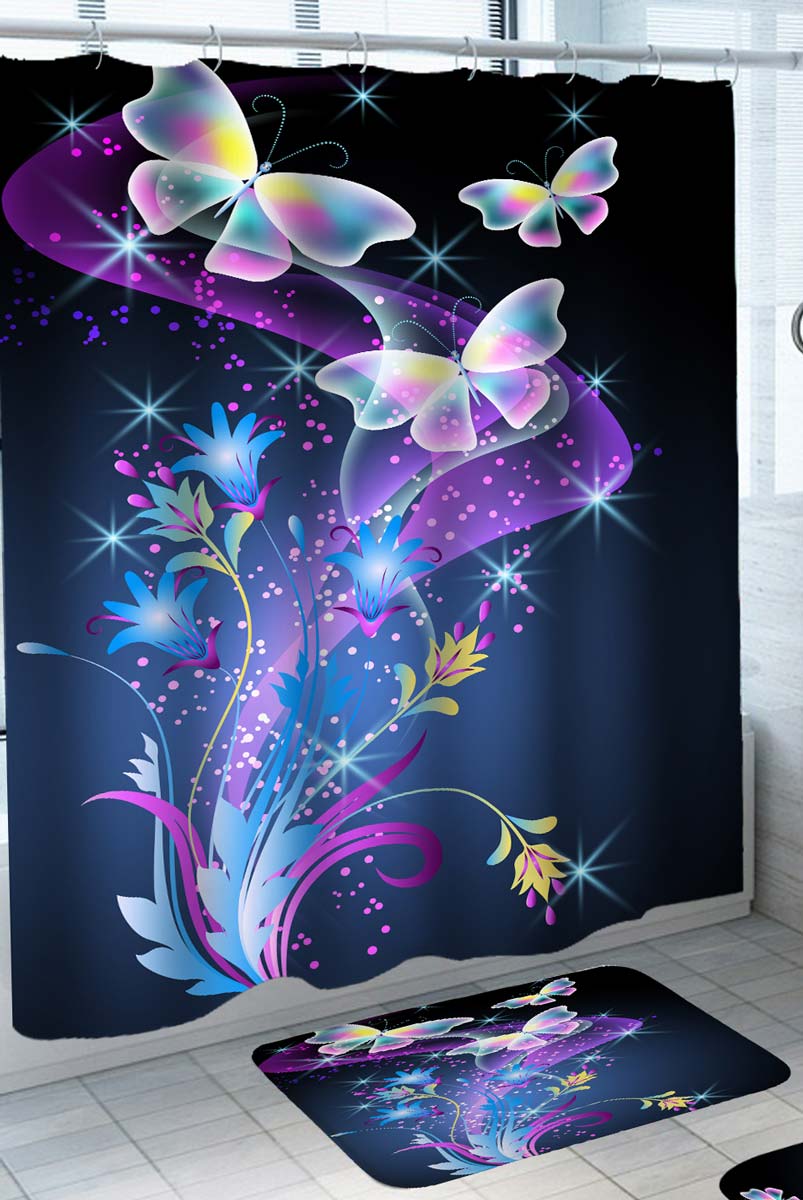 Modern Shower Curtains with Shining Bright Magical Flowers and Butterflies