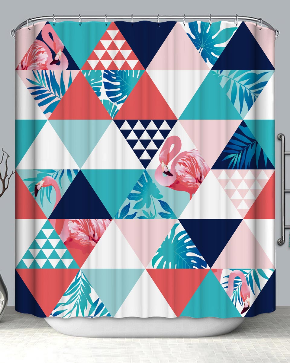 Modern Shower Curtains with Triangles Pattern Tropical Leaf and Flamingo