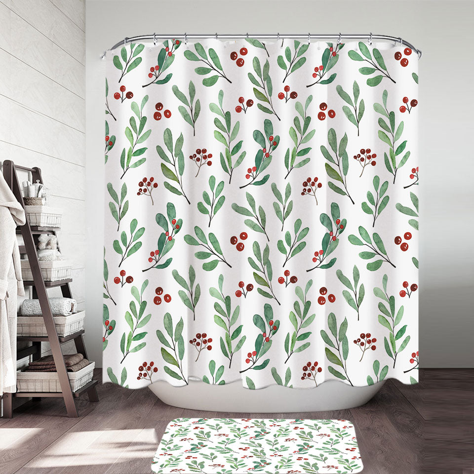 Modest Shower Curtains Green Leaves and Berries
