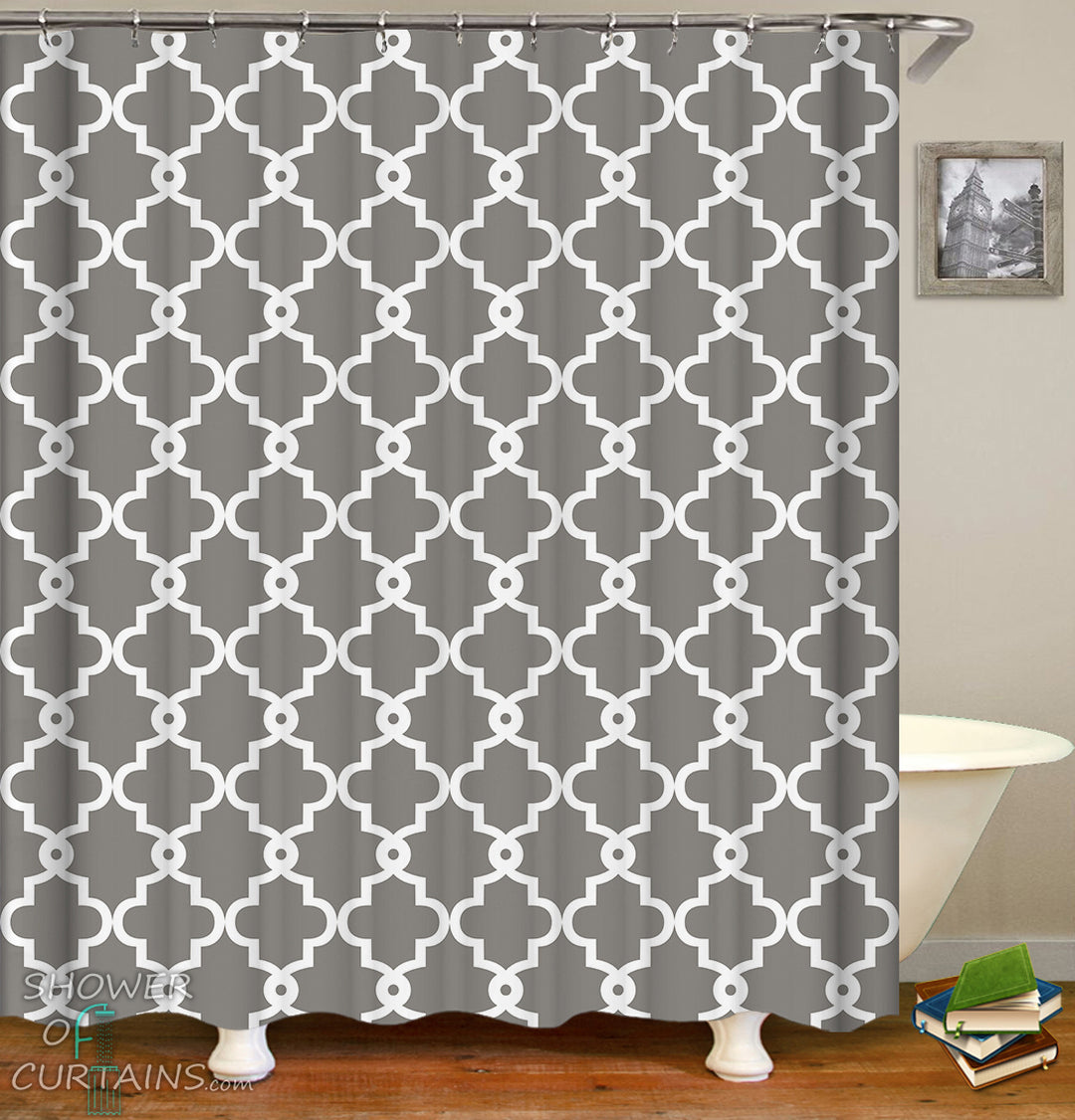 Moroccan Shower Curtains And Bath Mats - Grey and White Moroccan Pattern