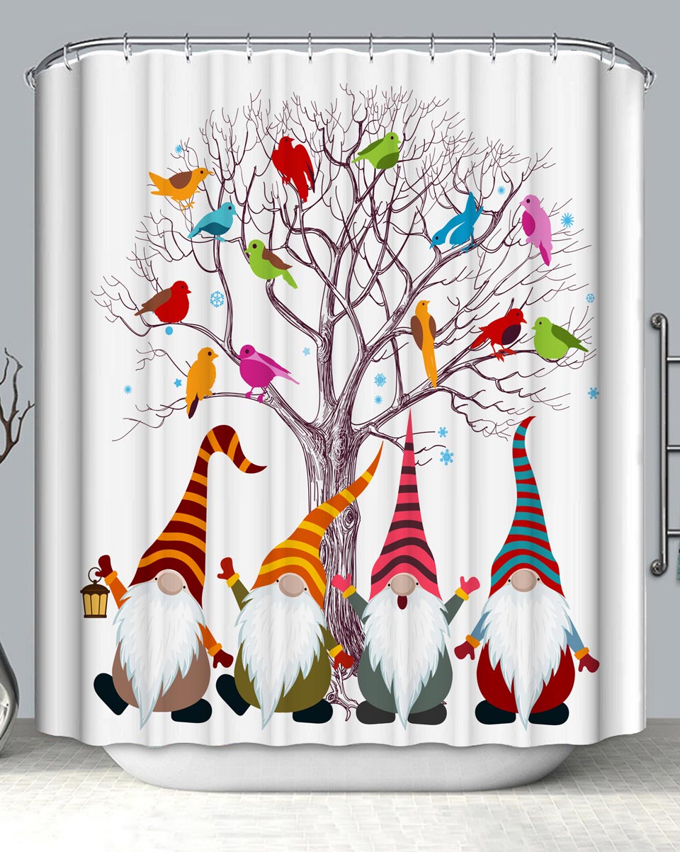 Multi Colored Birds and Gnomes Christmas Dwarfs Shower Curtain