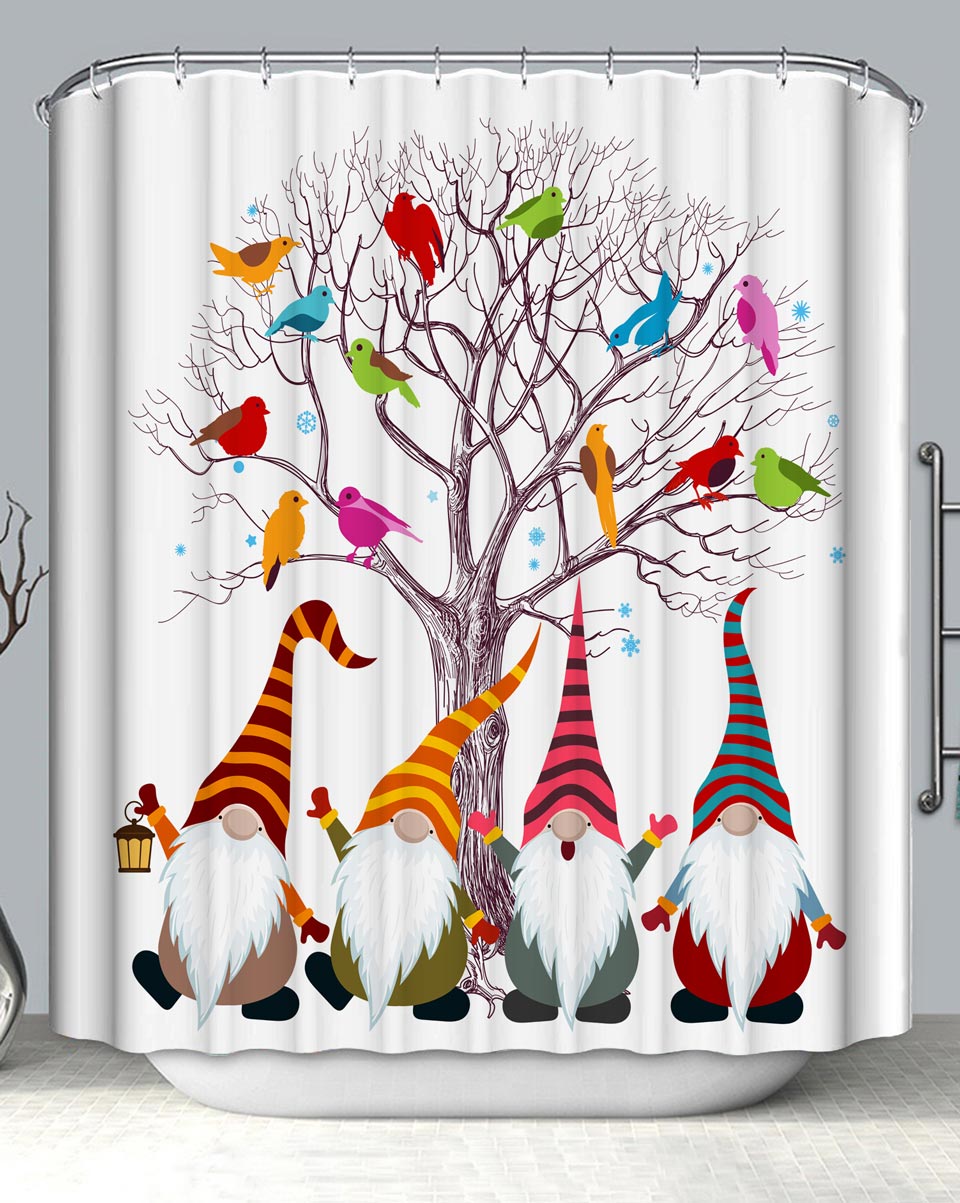 Multi Colored Birds and Gnomes Christmas Dwarfs Shower Curtain
