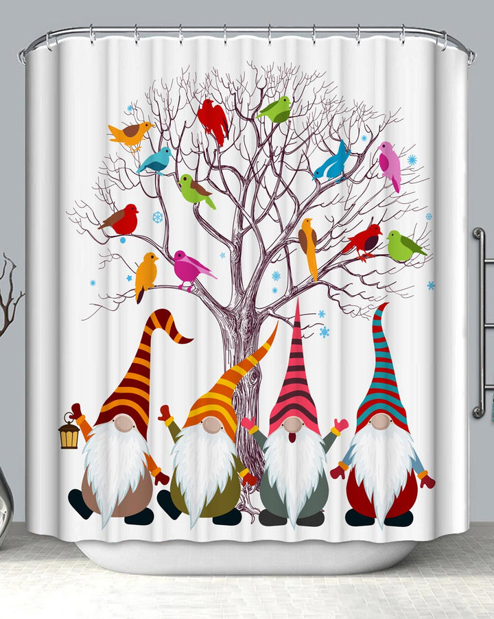 Multi Colored Birds and Gnomes Christmas Dwarfs Shower Curtain