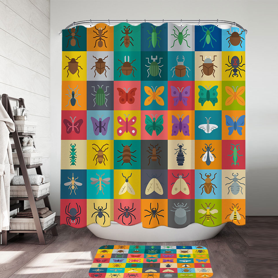 Multi Colored Checkered Bugs and Insects Shower Curtain