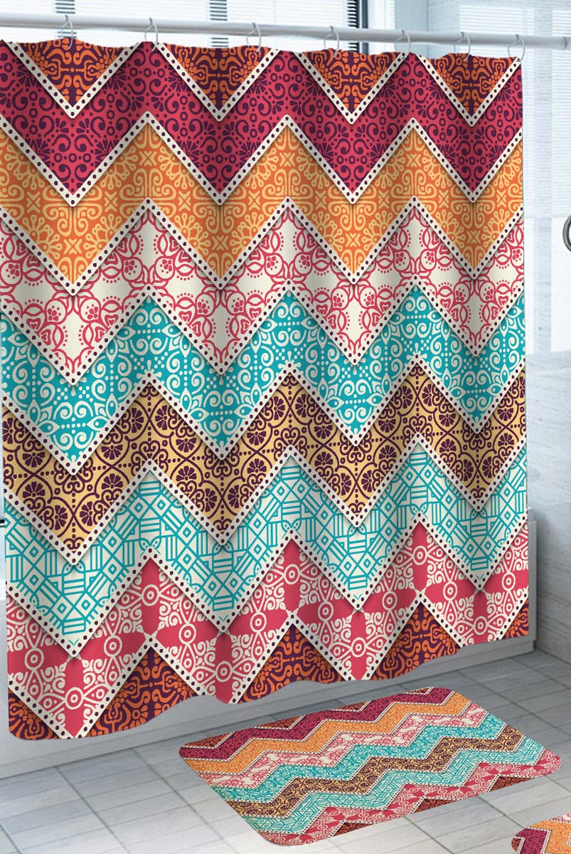 Multi Colored Floral Patterned Chevron Shower Curtain