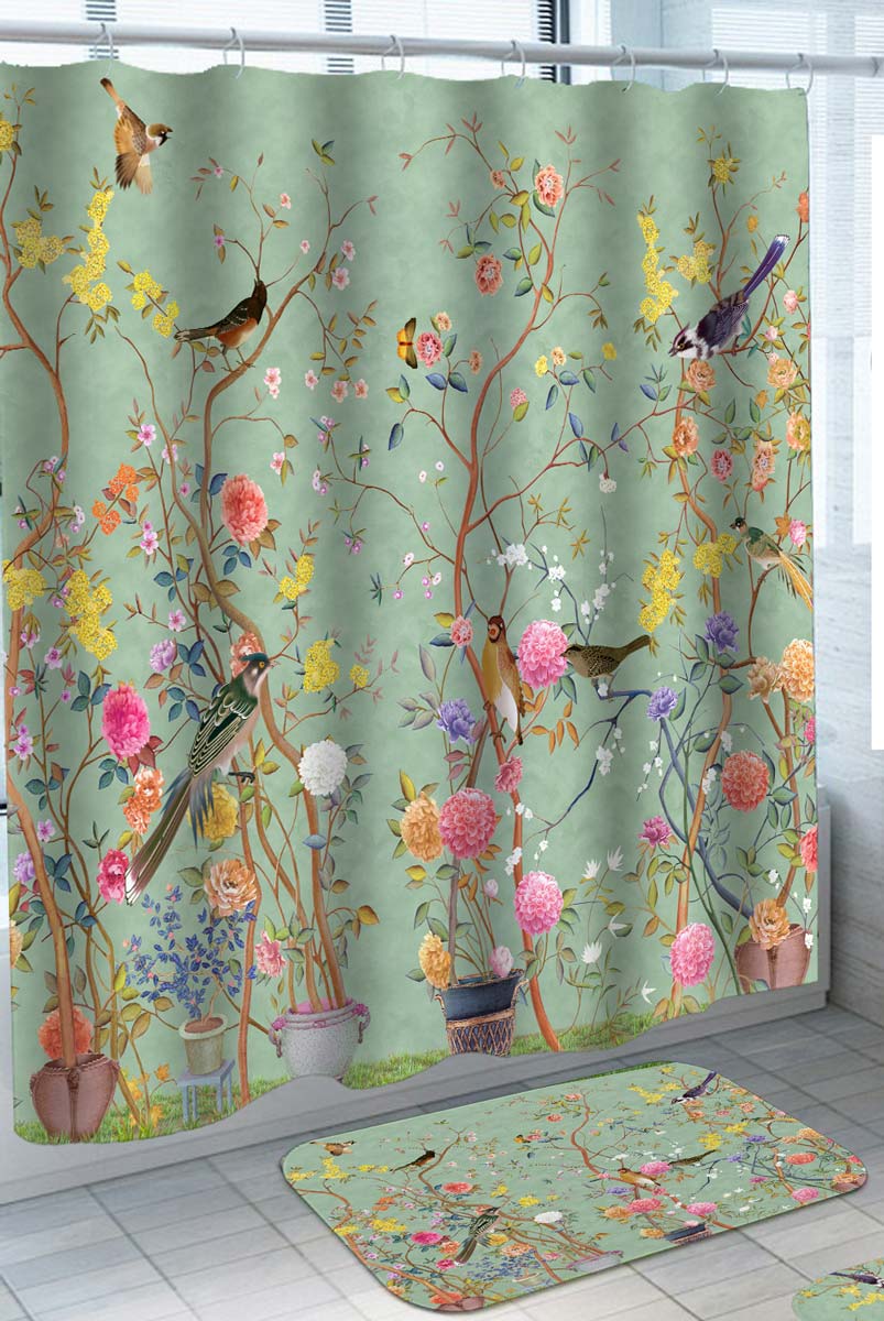 Multi Colored Floral Shower Curtain Potted Plants and Birds