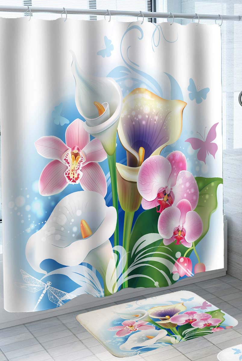 Multi Colored Flowers Orchid Calla Lily Shower Curtain