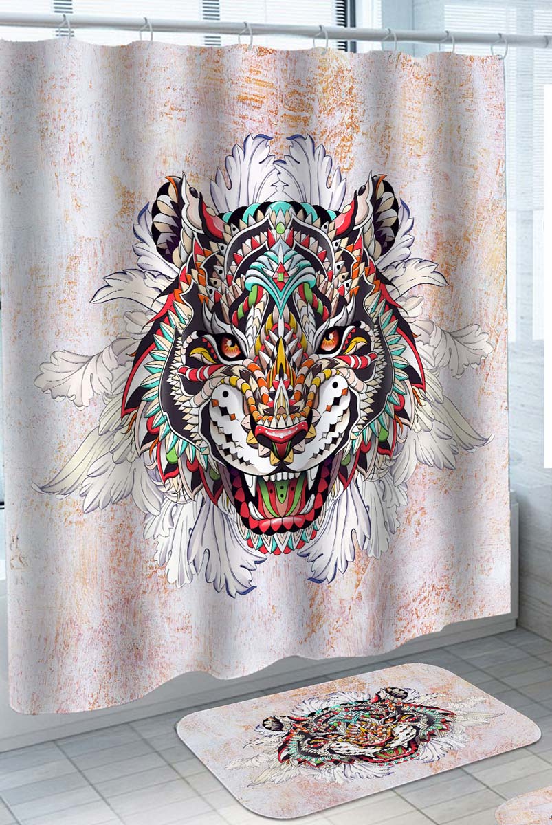 Multi Colored Oriental Design Scary Tiger Shower Curtain
