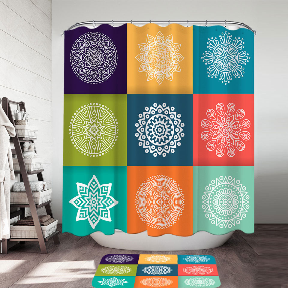 Multi Colored Panel and White Mandalas Shower Curtains and Bathroom Rugs