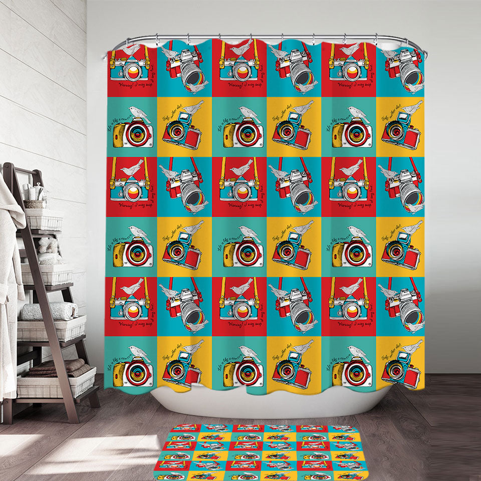 Multi Colored Retro Shower Curtain Cameras and Birds