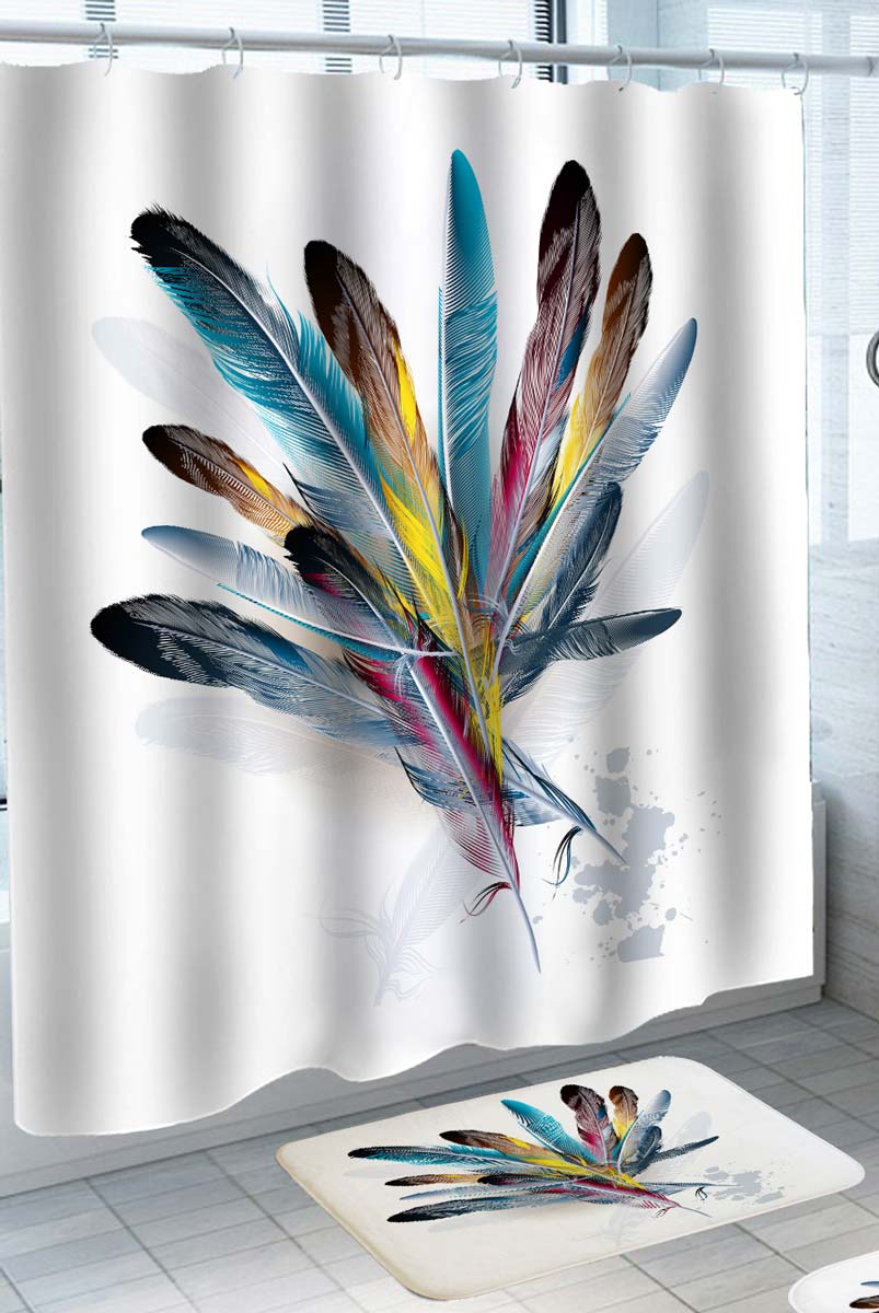 Multi Colored Shower Curtain with Feathers on Ink