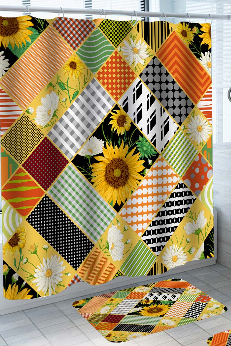 Multi Colored Shower Curtains and Bathroom Floor Mat Patterns and Flowers