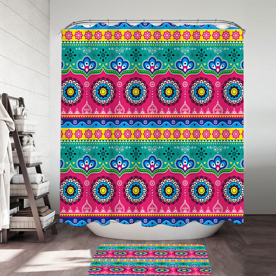 Multi Colored Shower Curtains and Bathroom Rugs Festive Oriental Design