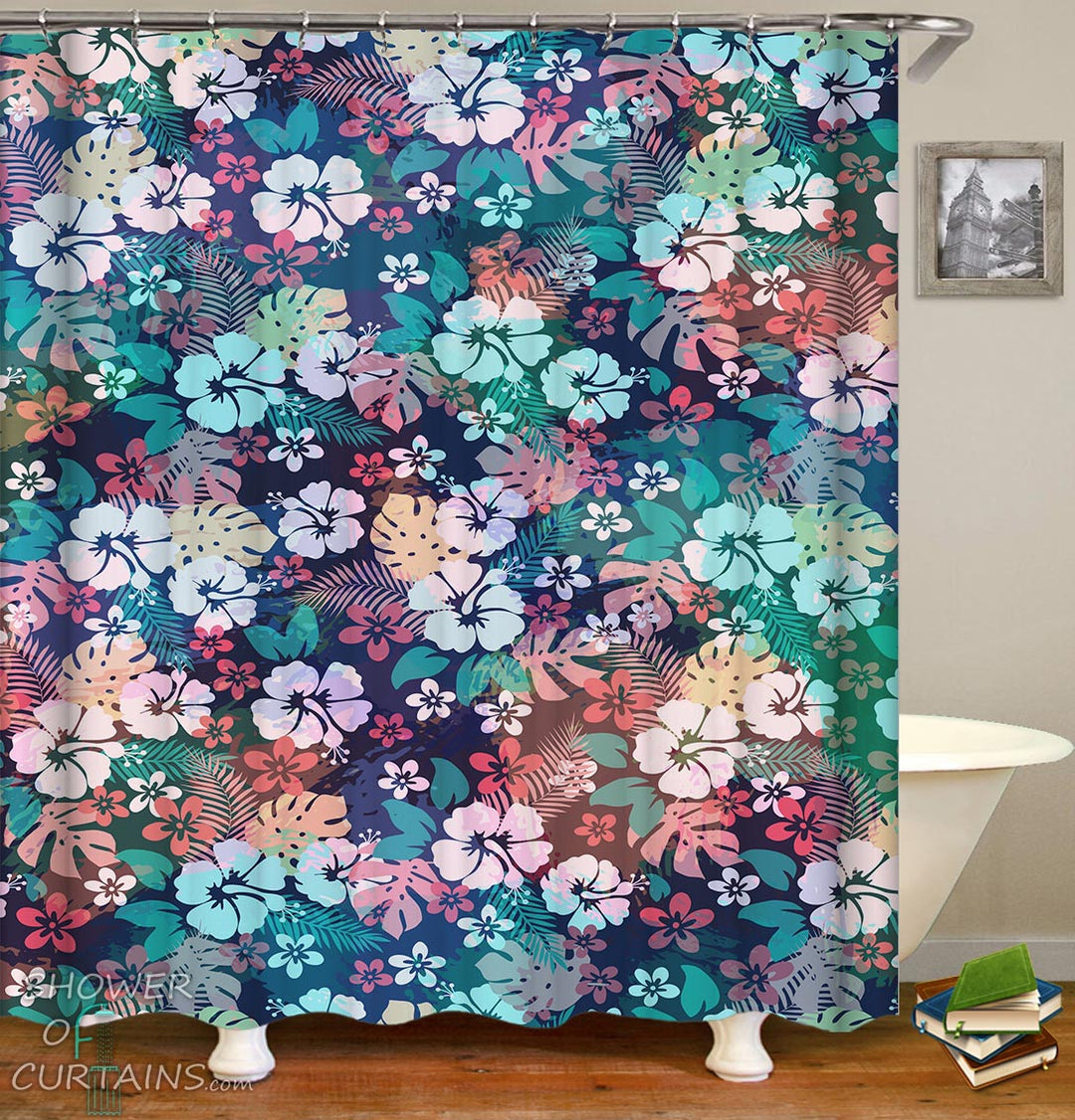 Multi Colored Tropical Flowers Shower Curtain