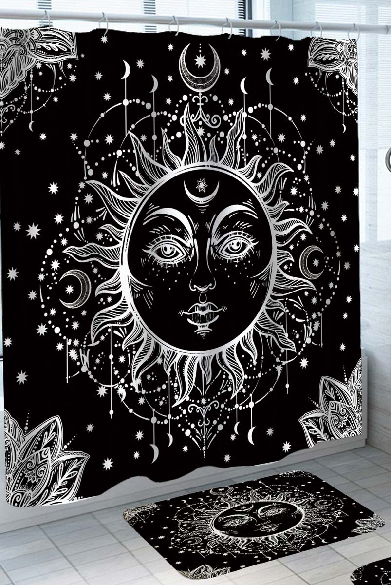 Mystical Shower Curtains Black and White Sun and Moon Mystical Symbol