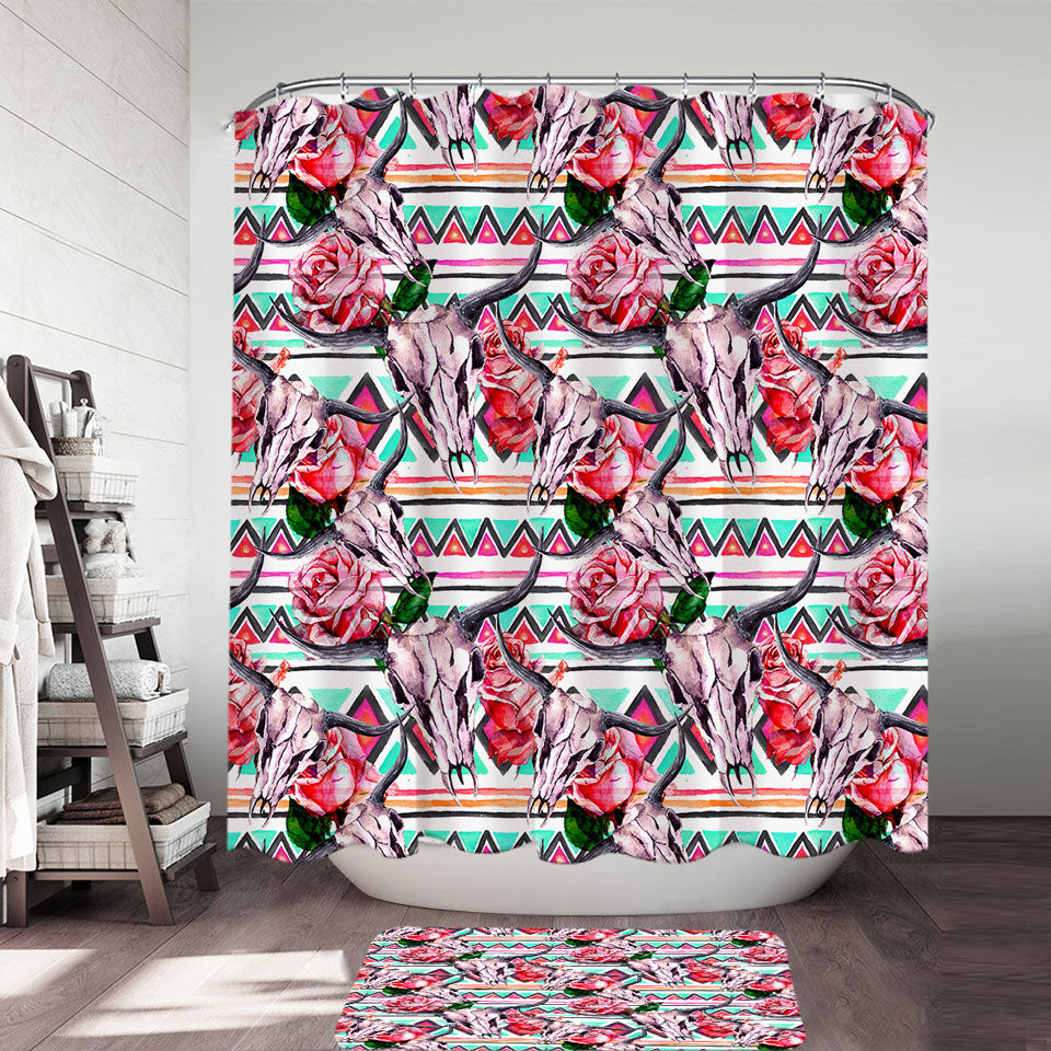 Native Roses Bull Skull Shower Curtain