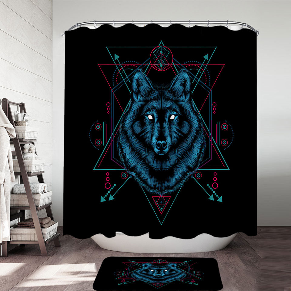Native Spirit Blue Wolf Fabric Shower Curtains
