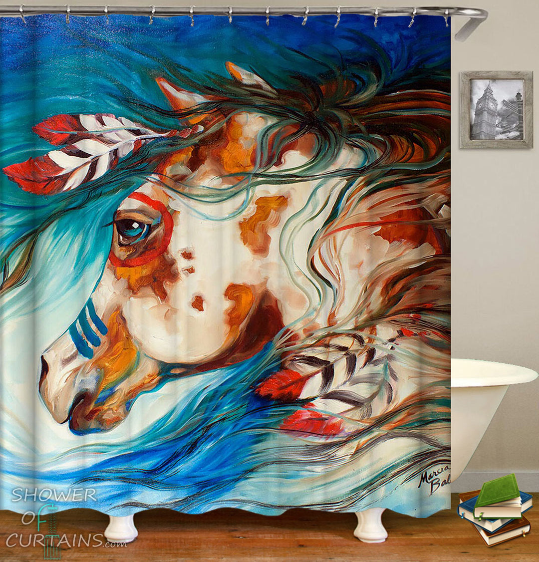 Native American Art Shower Curtain of Native Horse Painting