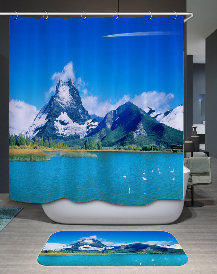 Nature Shower Curtain Freshness Blue Lake by the Mountains