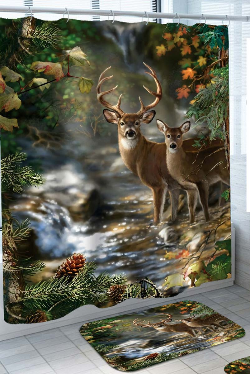 Nature Shower Curtain with Forest Deer by the River