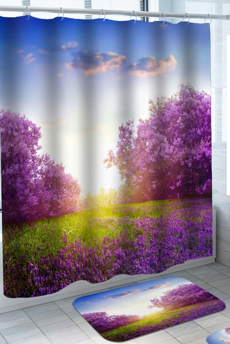 Nature Shower Curtain with Purple Field on a Sunny Day