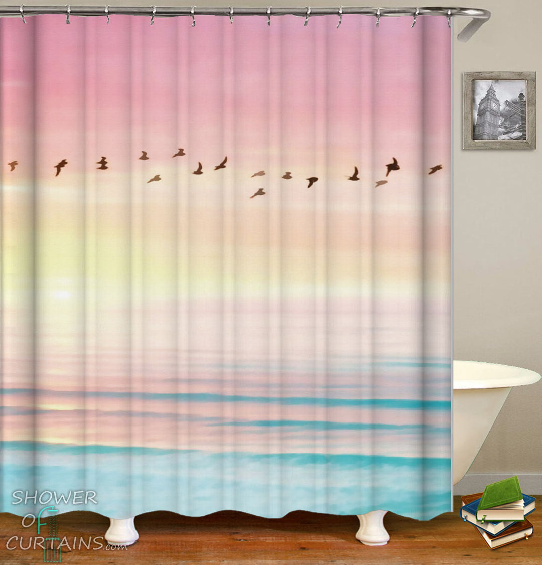 Nature Shower Curtain of Birds Over Purplish Skies And Blue Ocean