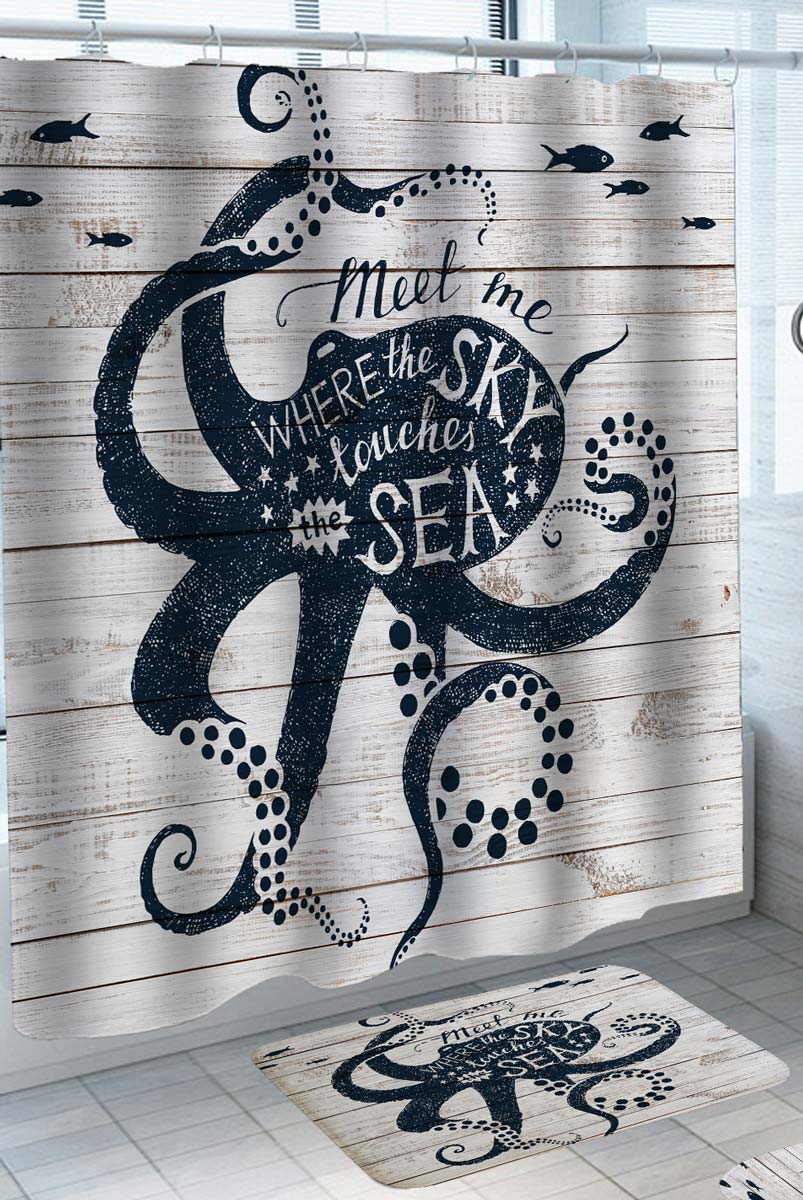 Nautical Quote Wooden Deck Octopus Shower Curtain