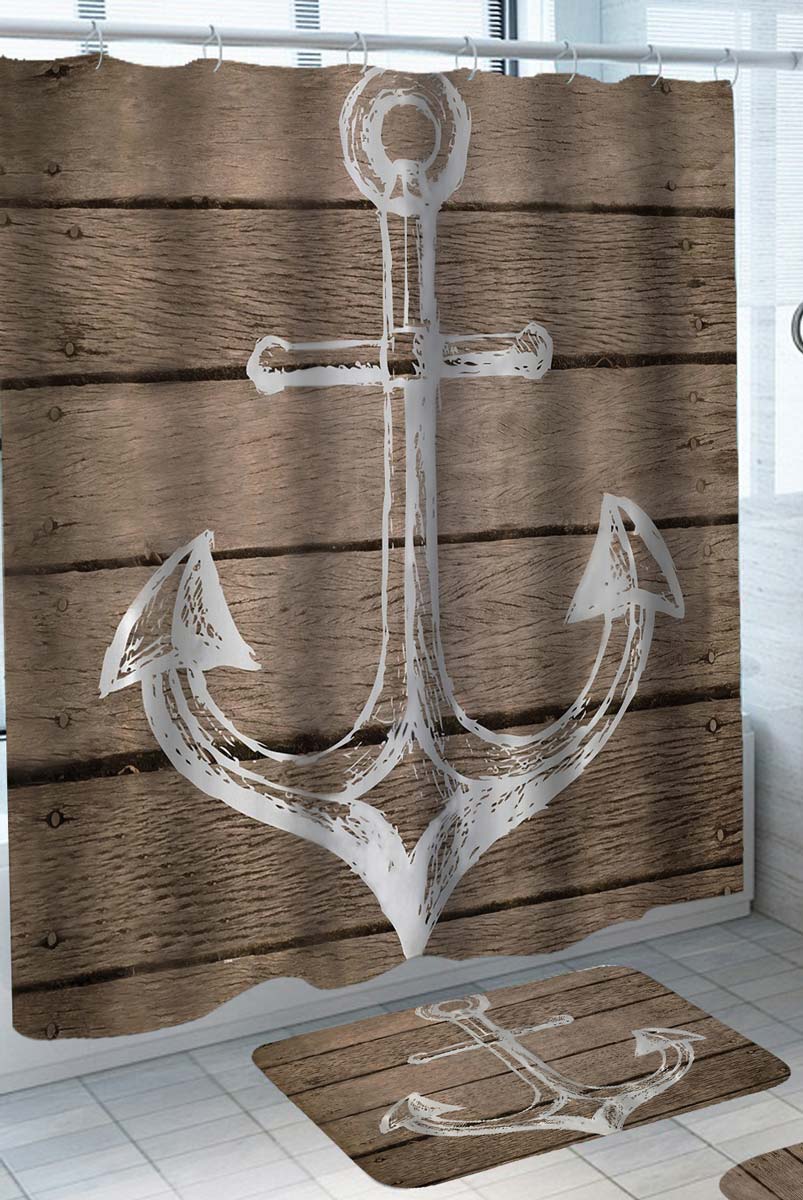 Nautical Shower Curtains with Anchor on Wooden Deck