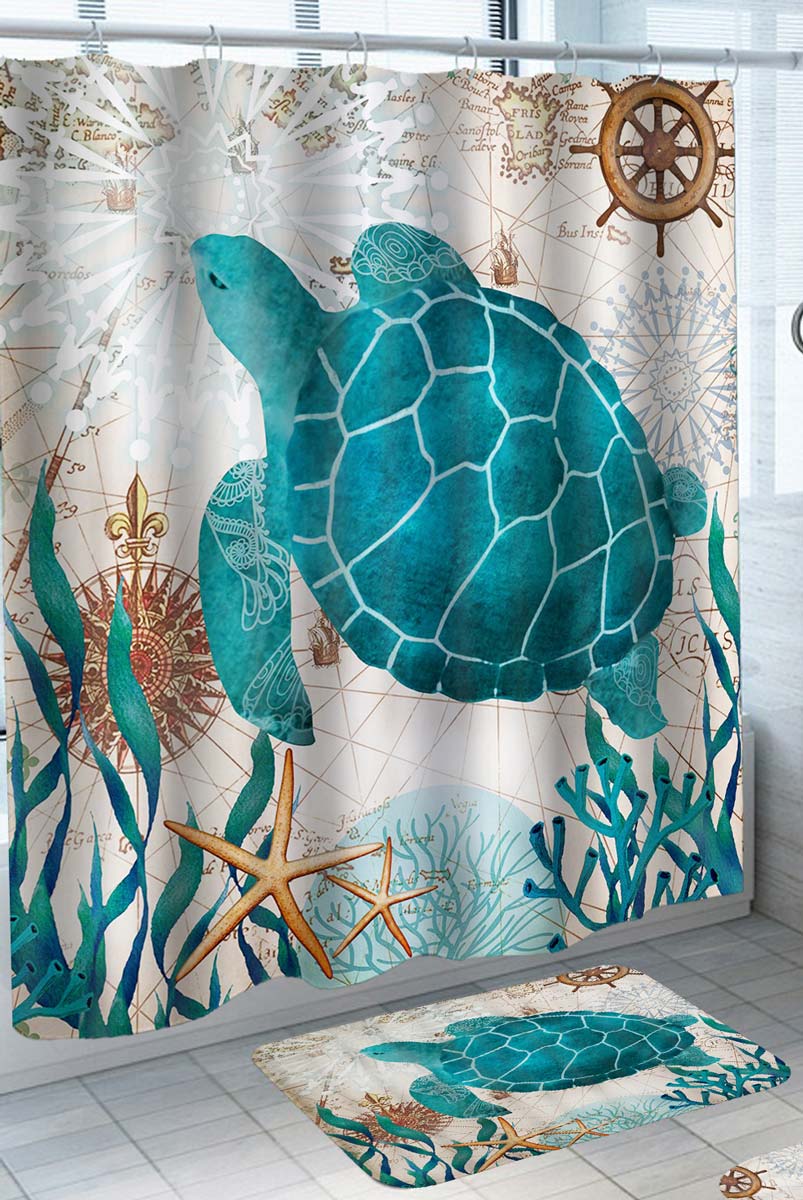 Nautical Shower Curtains with Turtle on Vintage Mat Rug for Bathrooms