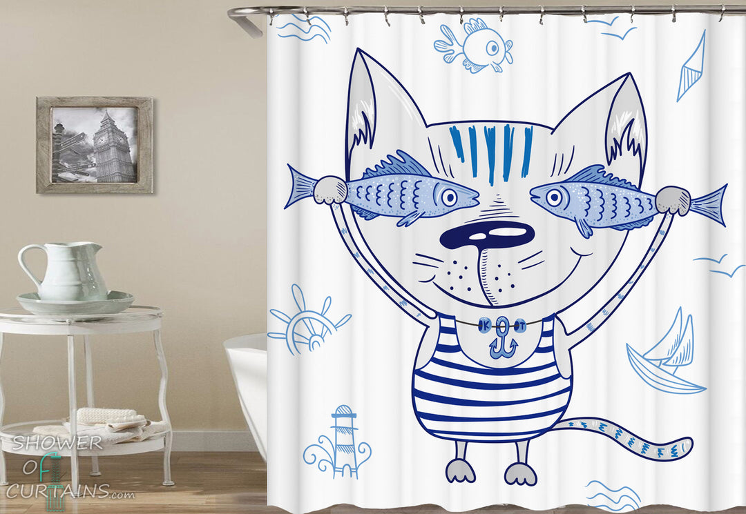 Nautical Kids Shower Curtains of Cute Sailor’s Cat