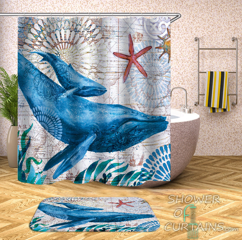 Nautical Shower Curtains of Whales Vintage Map