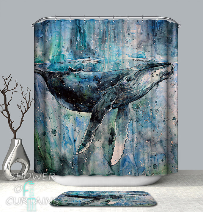 Nautical Showr Curtains Feature Art Painting Blue Whale Shower Curtain