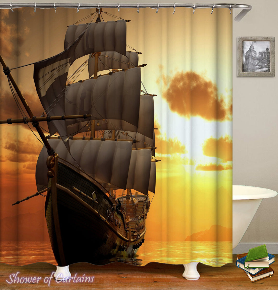 Nautical Themed - Sunset Sailing Ship Shower Curtain