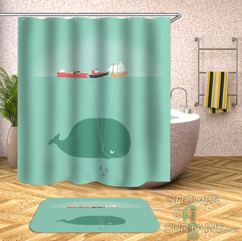 Nautical Whale Shower Curtains Design of Baby Whale’s Ship Balloons