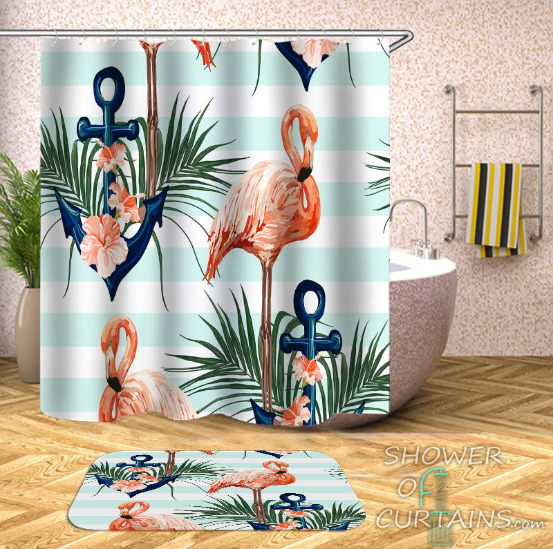 Nautical and Tropical Themed Shower Curtains features Flamingo And Anchor Shower Curtain and Bath Mat Set