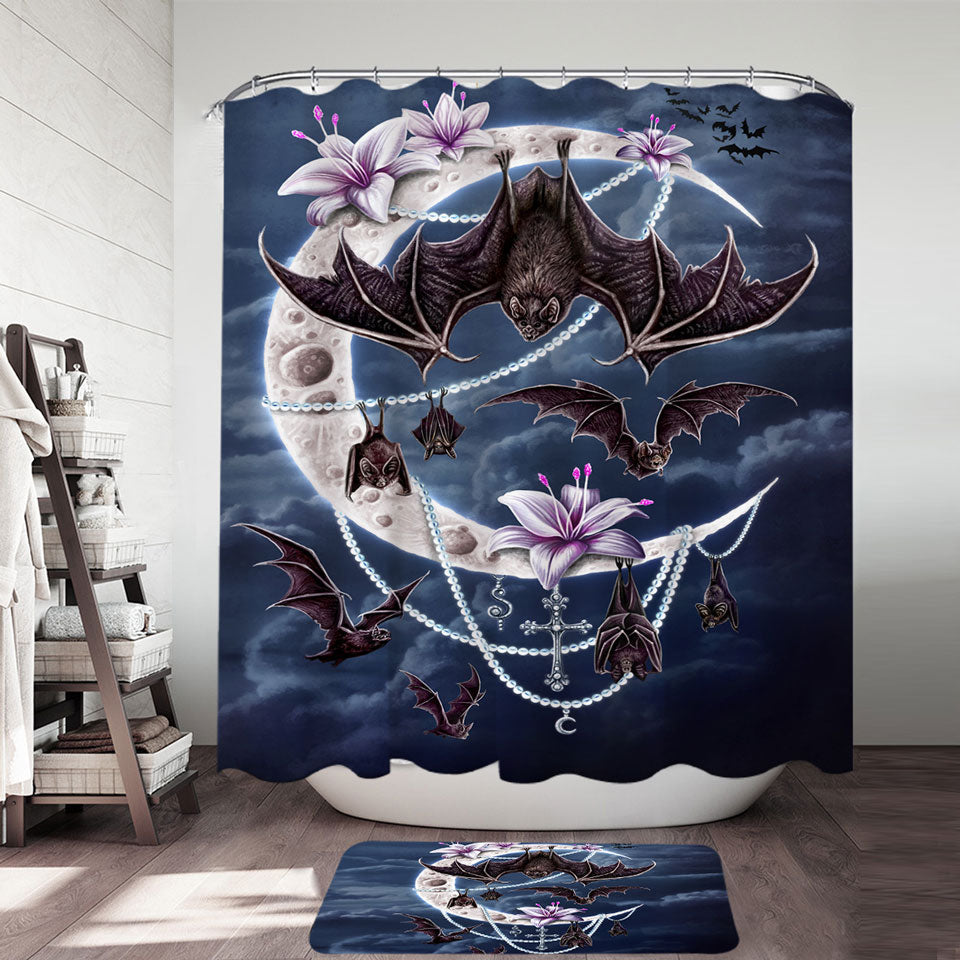 Night Art Bat Moon and Lilies Shower Curtain