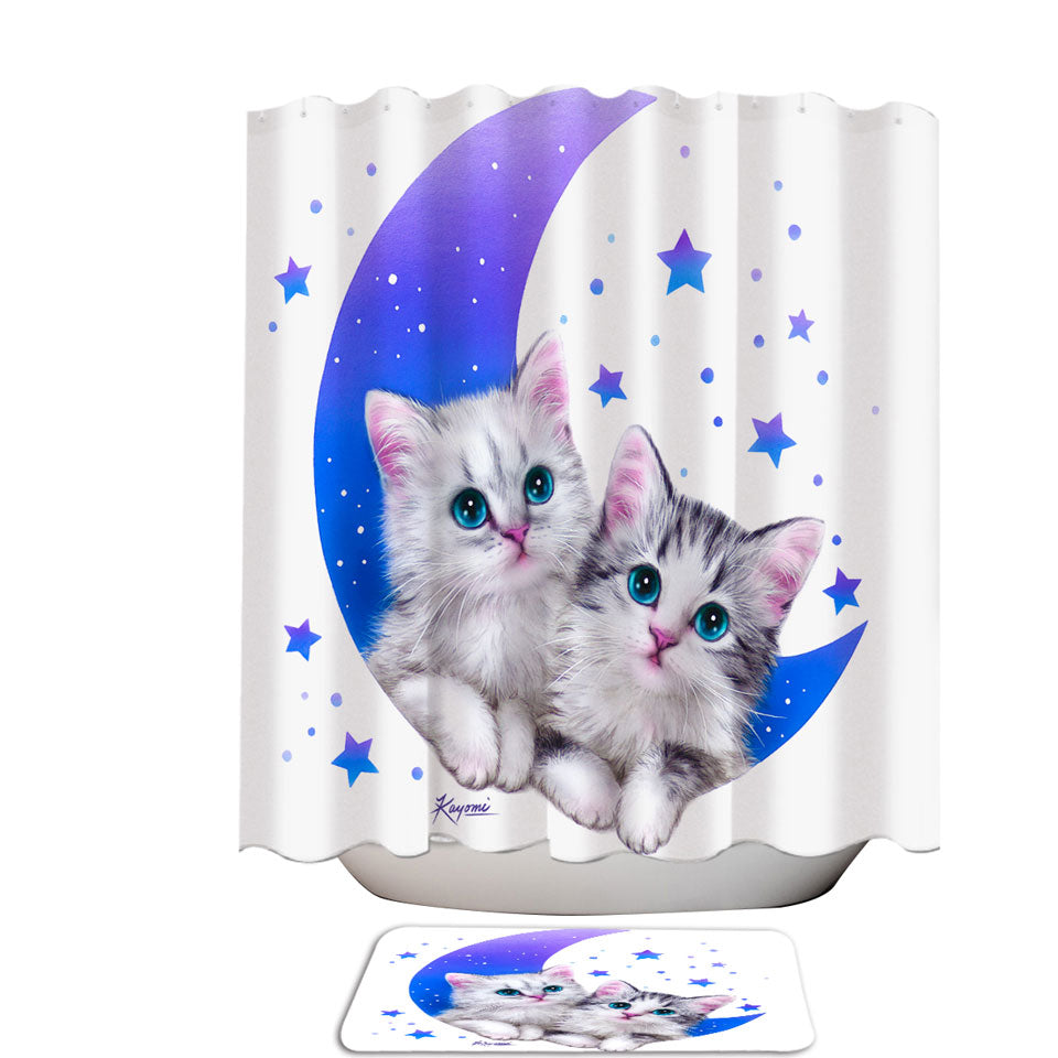 Night Moon and Stars Shower Curtains with Sweet Grey Kittens