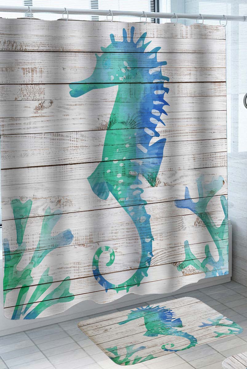 Ocean Theme Shower Curtain Painting on Wood Deck Ocean Seahorse Shower Curtain