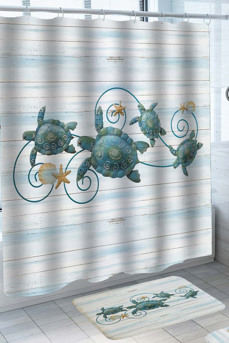 Ocean Themed Shower Curtains Starfish and Turtles on Wooden Deck Shower Curtain